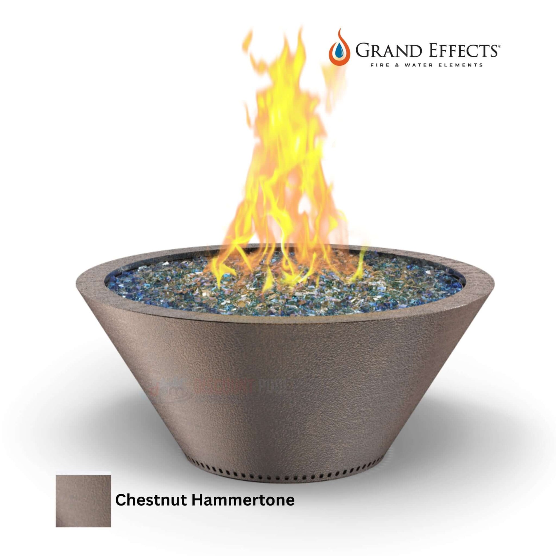 Grand Effects Chestnut Hammertone Fire Bowl with flames, contemporary design. SKU: DPM. Ideal for luxury outdoor spaces.