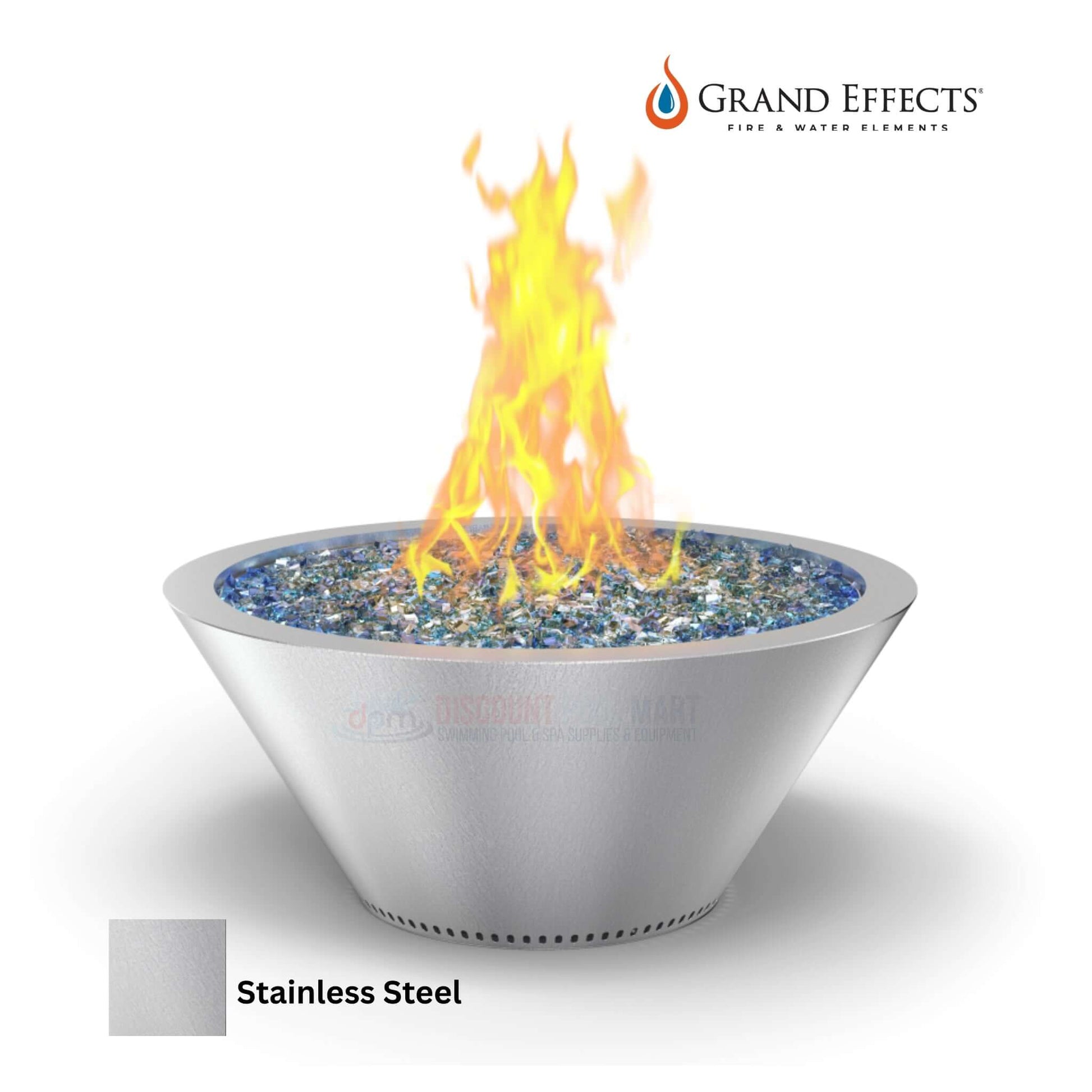 Grand Effects Essex Round Fire Bowl in Stainless Steel by Discount Pool Mart DPM, featuring elegant design and vibrant flame.