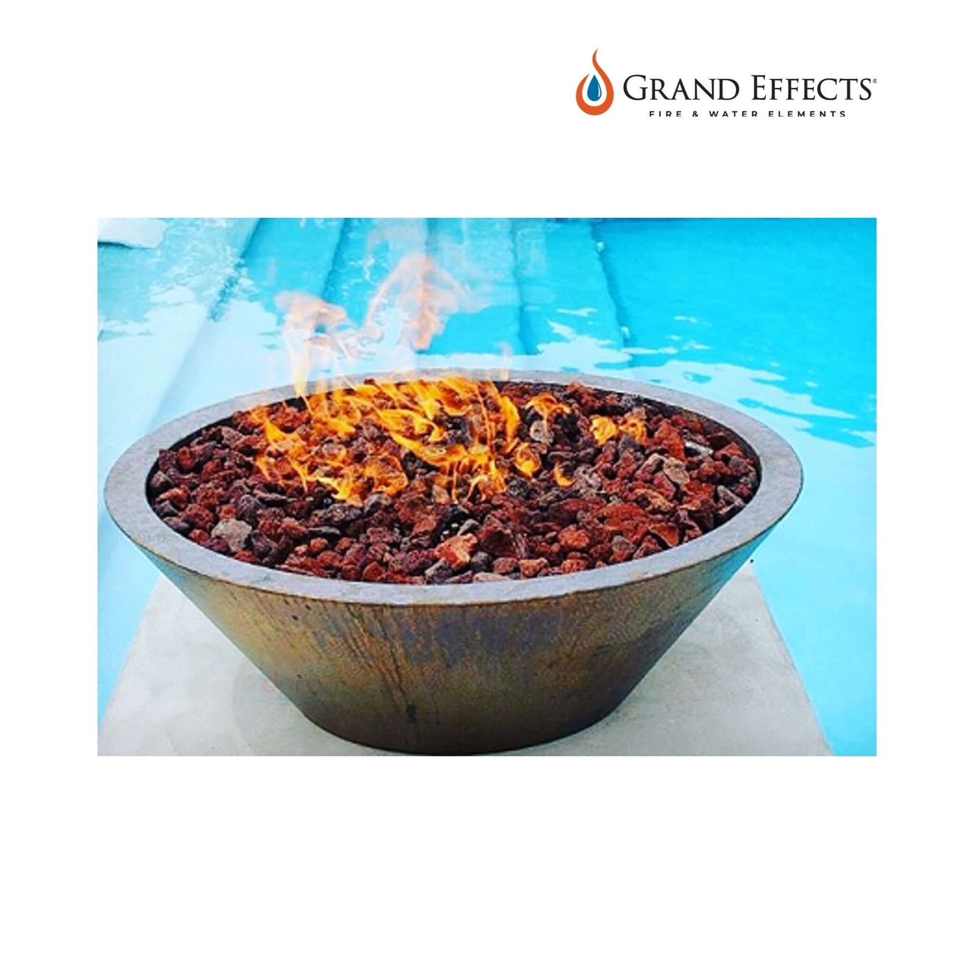 Grand Effects Oil Rubbed Essex Round Fire Bowl in Hammered Copper by Discount Pool Mart DPM with flames and stones.