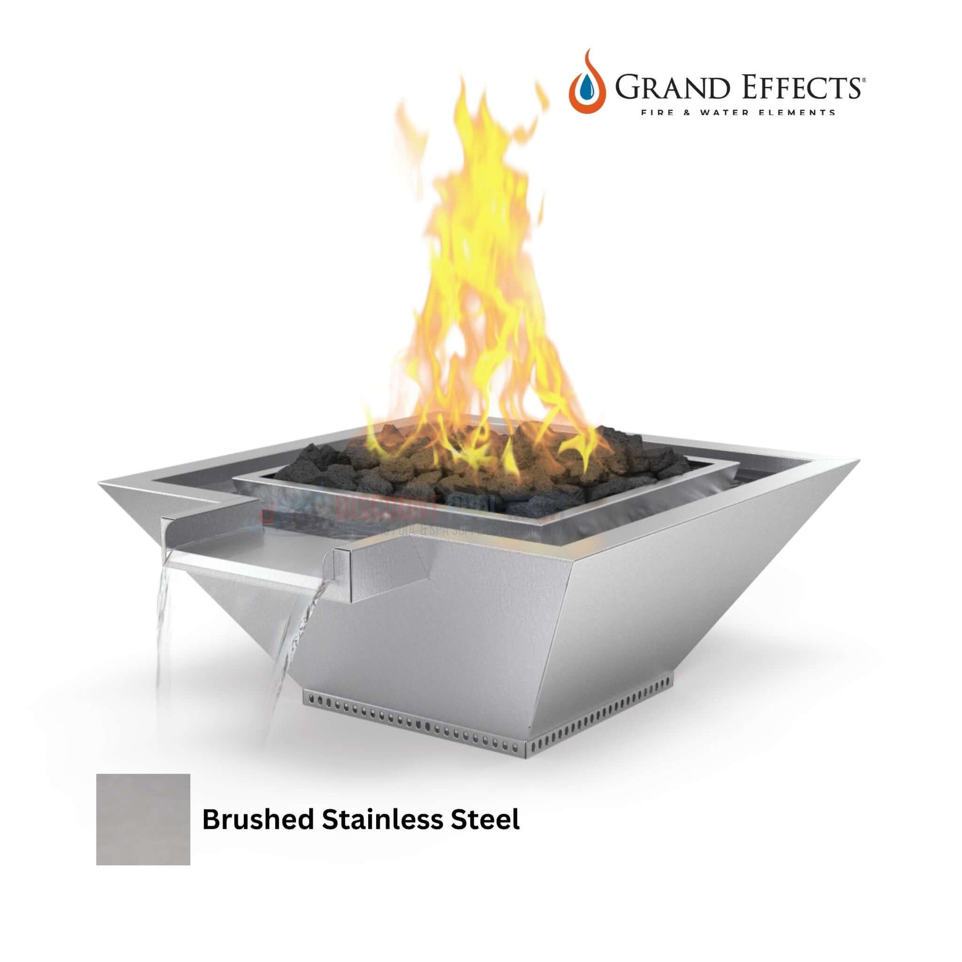 Grand Effects Square Corinthian Fire & Water Bowl DPM in brushed stainless steel with flames, SKU# 12345