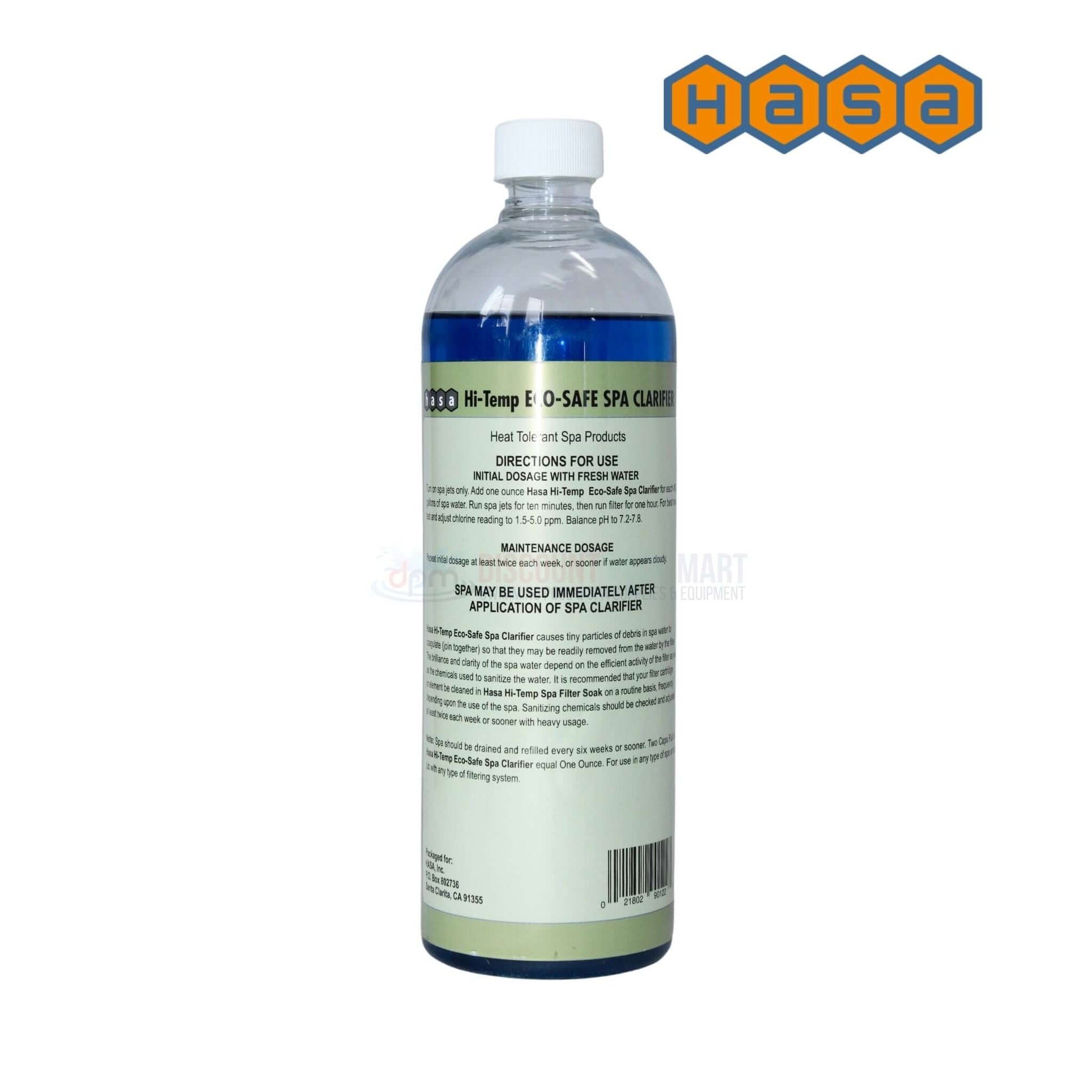 HASA Hi-Temp Eco-Safe Spa Clarifier 32oz 90122 bottle, enhances spa water clarity, available at Discount Pool Mart DPM.