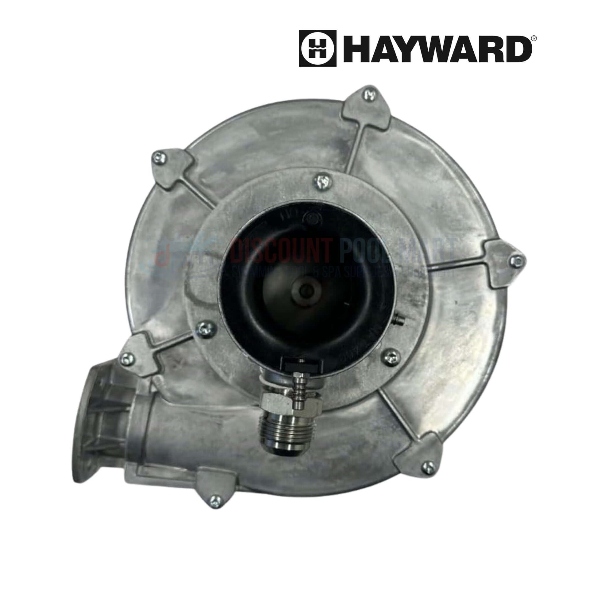 Hayward HDXFBWR001 | Hayward HC Series HDF Combustion Blower top view, metal construction, designed for pool heaters, Discount Pool Mart.