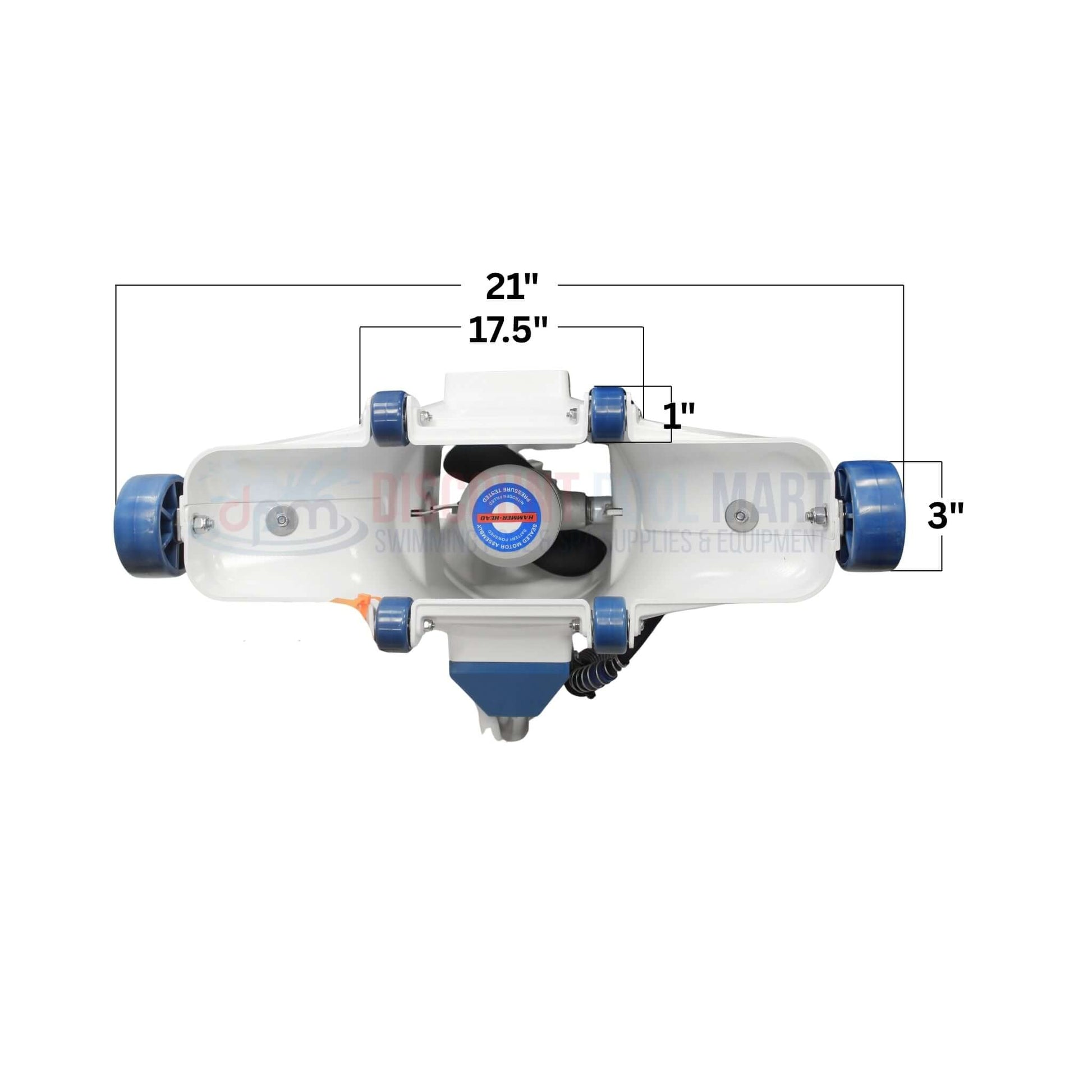 HH1310-60 | HammerHead 21" Vacuum head 60' Cord top view with dimensions, showcasing quality and design for pool cleaning, Discount Pool Mart.