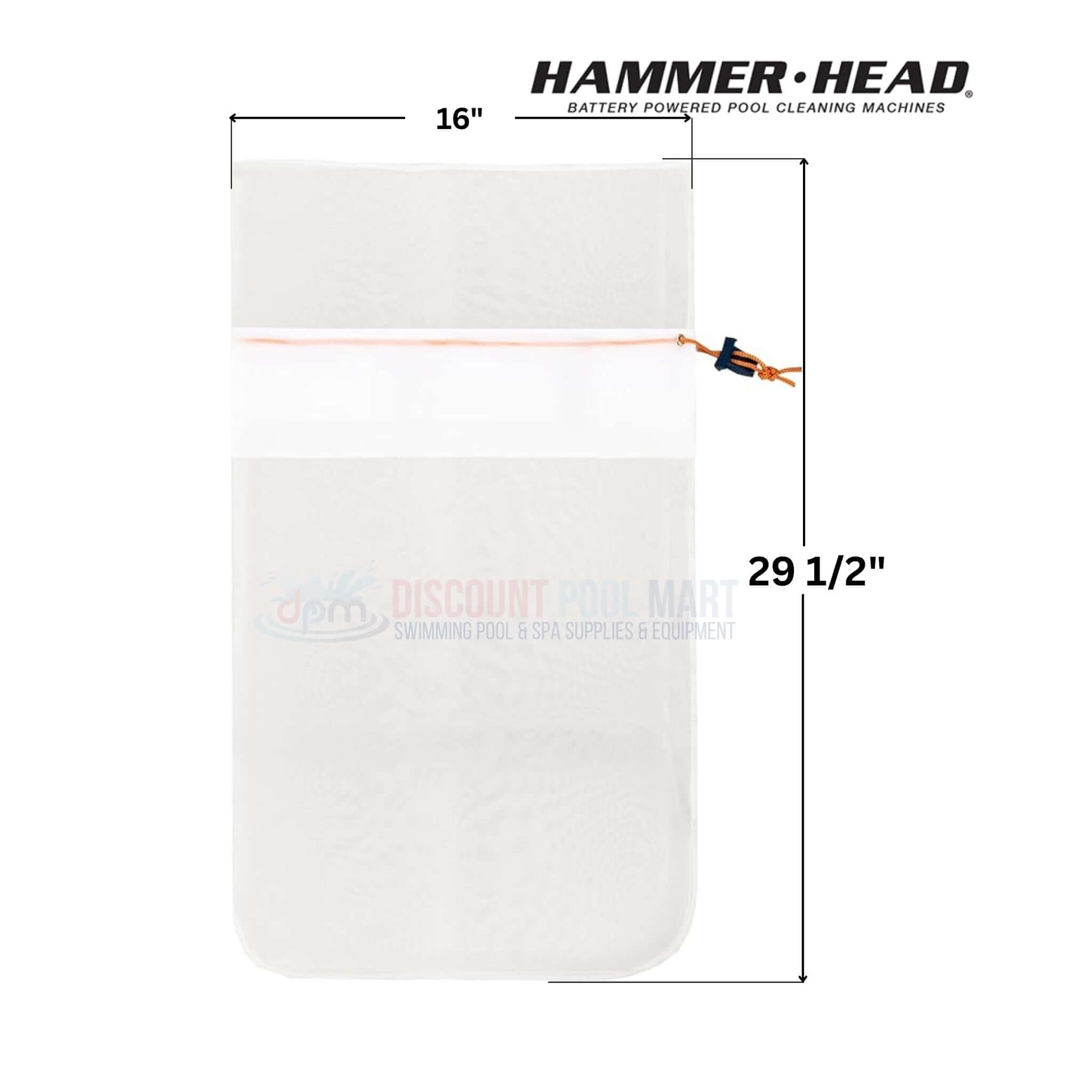 HH1510 | HammerHead Ultra Fine 28" Volcanic Debris Bag dimensions, showing 16" width and 29.5" length, available at Discount Pool Mart.