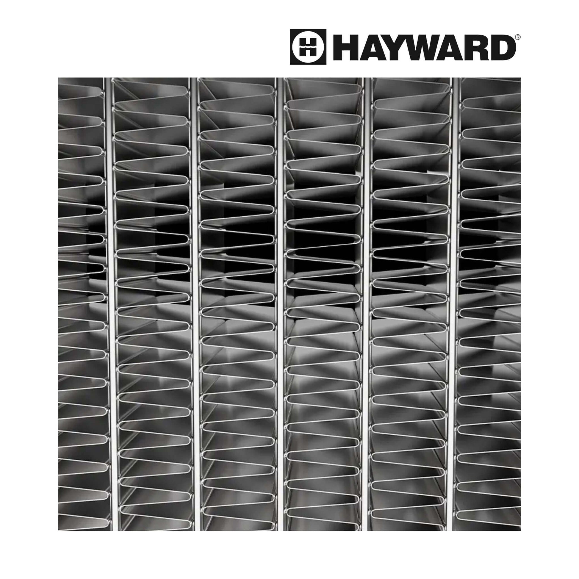Close-up of Hayward HeatPro HP21405T microchannel heat exchanger, showcasing advanced design for energy-efficient pool heating.