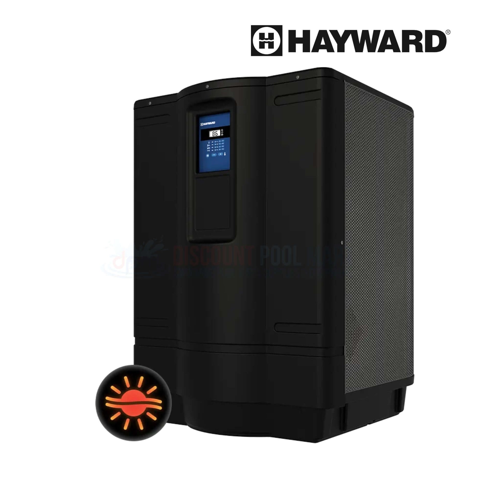 Hayward HeatPro HP21405T 140K BTU Heat Pump from Discount Pool Mart, showcasing advanced microchannel tech in a sleek black design.