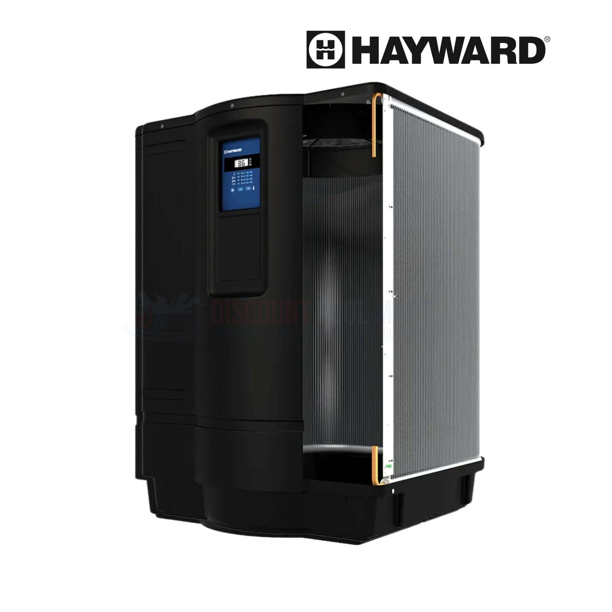 Hayward HeatPro HP31405T 140K BTU Heat & Cool Pump from Discount Pool Mart, showcasing a sleek black design, front display, and cooling fins.