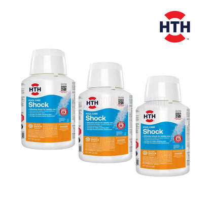 HTH Pool Care Shock Granules 5lb model 52234, three bottles, effective pool supplies from Discount Pool Mart, DPM, for clear water.