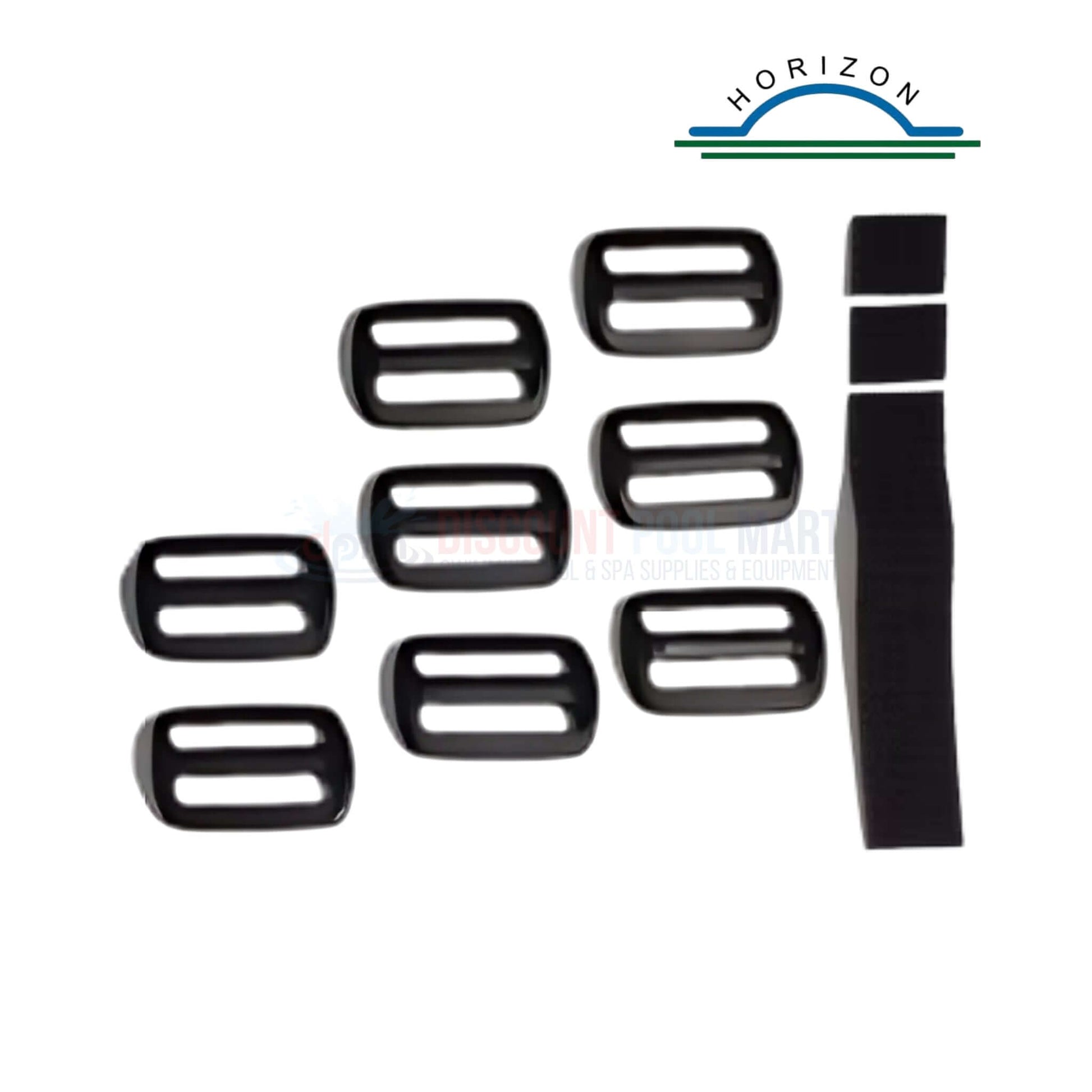 Horizon HV-7010 strap kit components showing black straps and buckles for securing solar covers. Pool supplies by Discount Pool Mart.