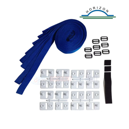 Horizon HV-7010 Solar Blanket Cover Strap Kit with blue straps, buckles, Velcro attachments, and cover plates for swimming pools.