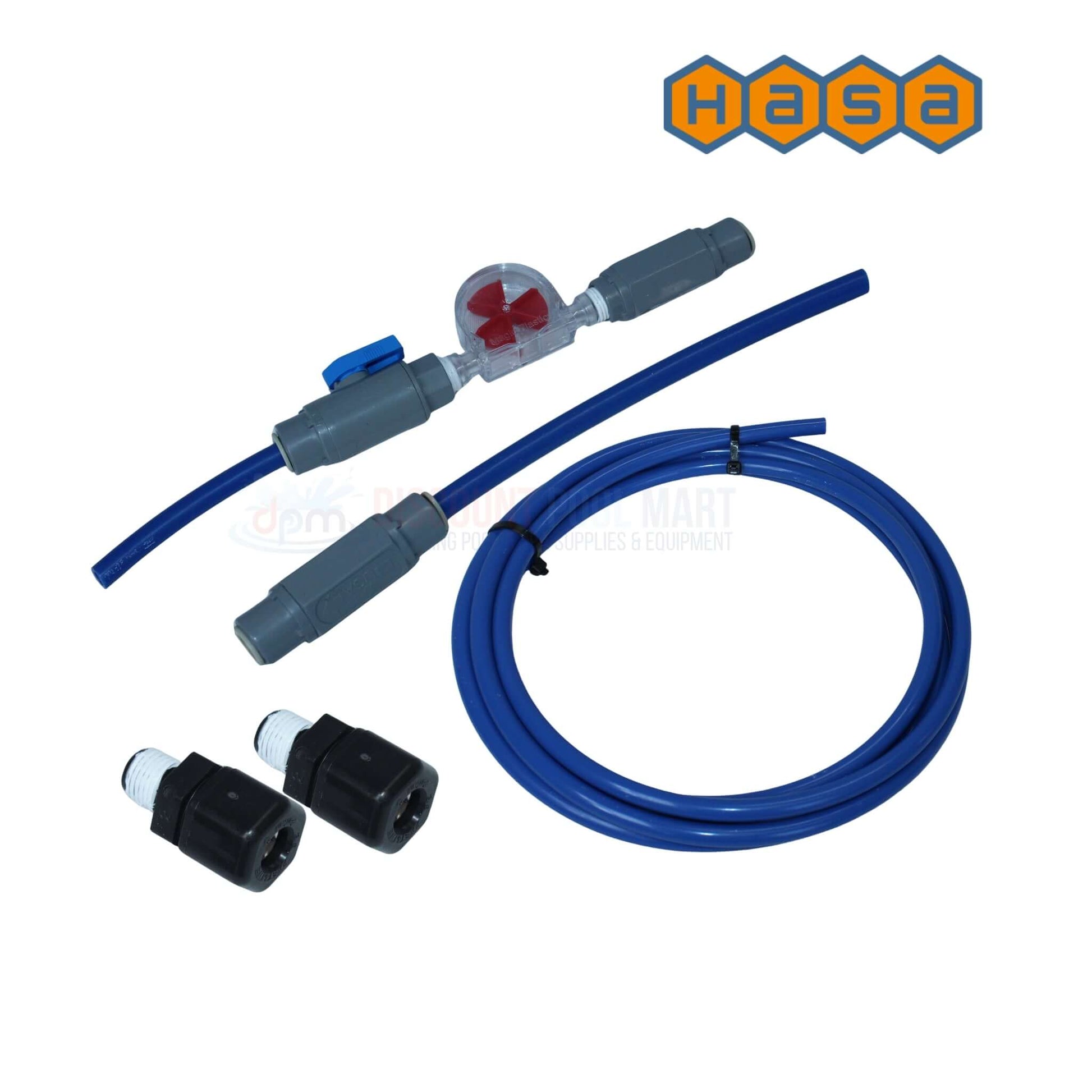 HASA Tube Assembly Kit for Liquid Chlorine Feeder 96301 with blue tubing, fittings, and connectors from Discount Pool Mart.