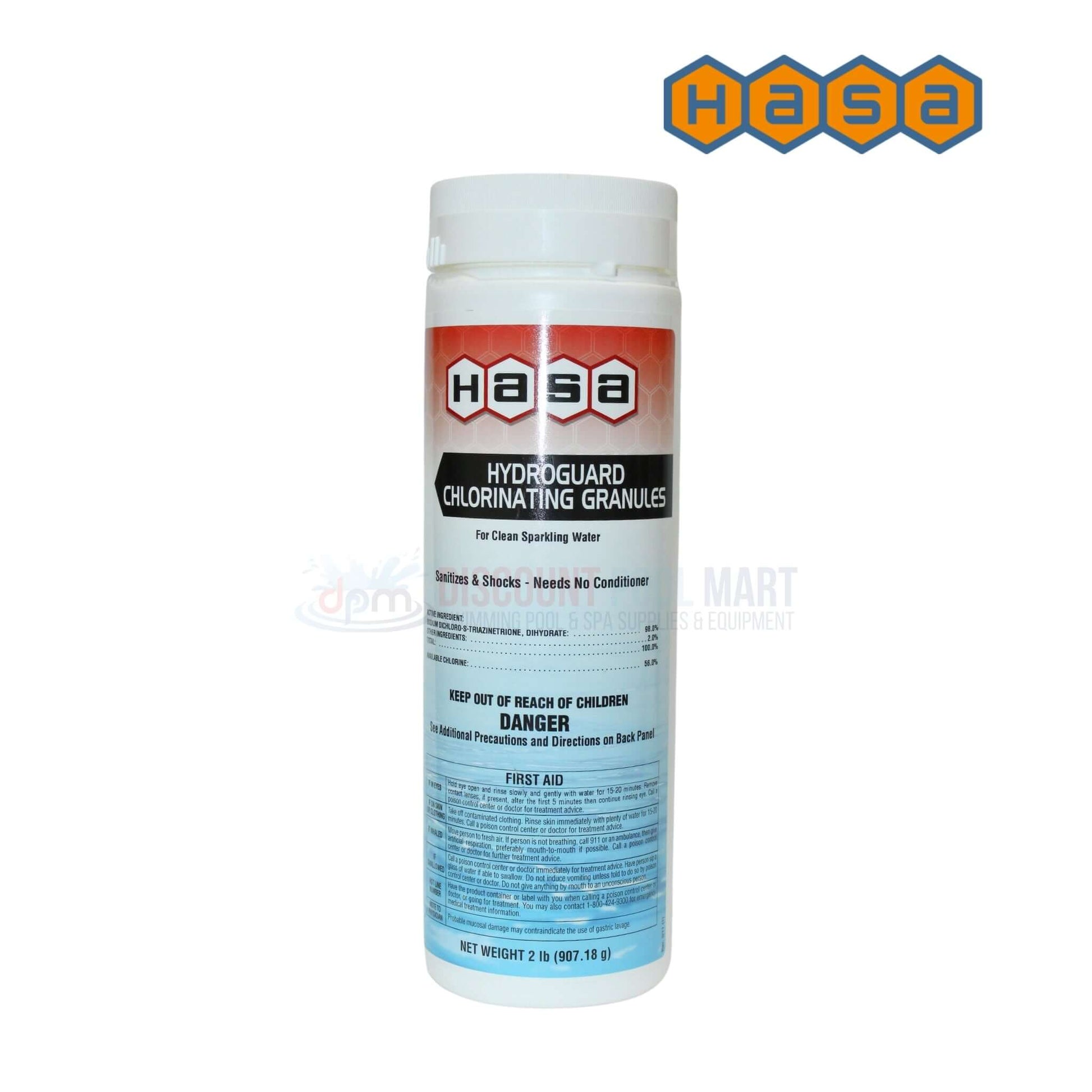 Hasa Hydroguard Sodium Dichlor Granules 2 lbs, fast-dissolving pool sanitizer from Discount Pool Mart DPM.
