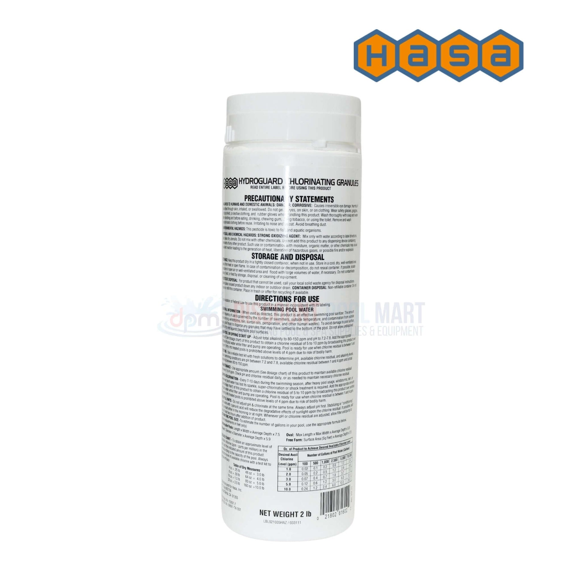 Hasa Hydroguard Sodium Dichlor Granules 2 lbs for pool maintenance at Discount Pool Mart DPM, fast-dissolving sanitizer.