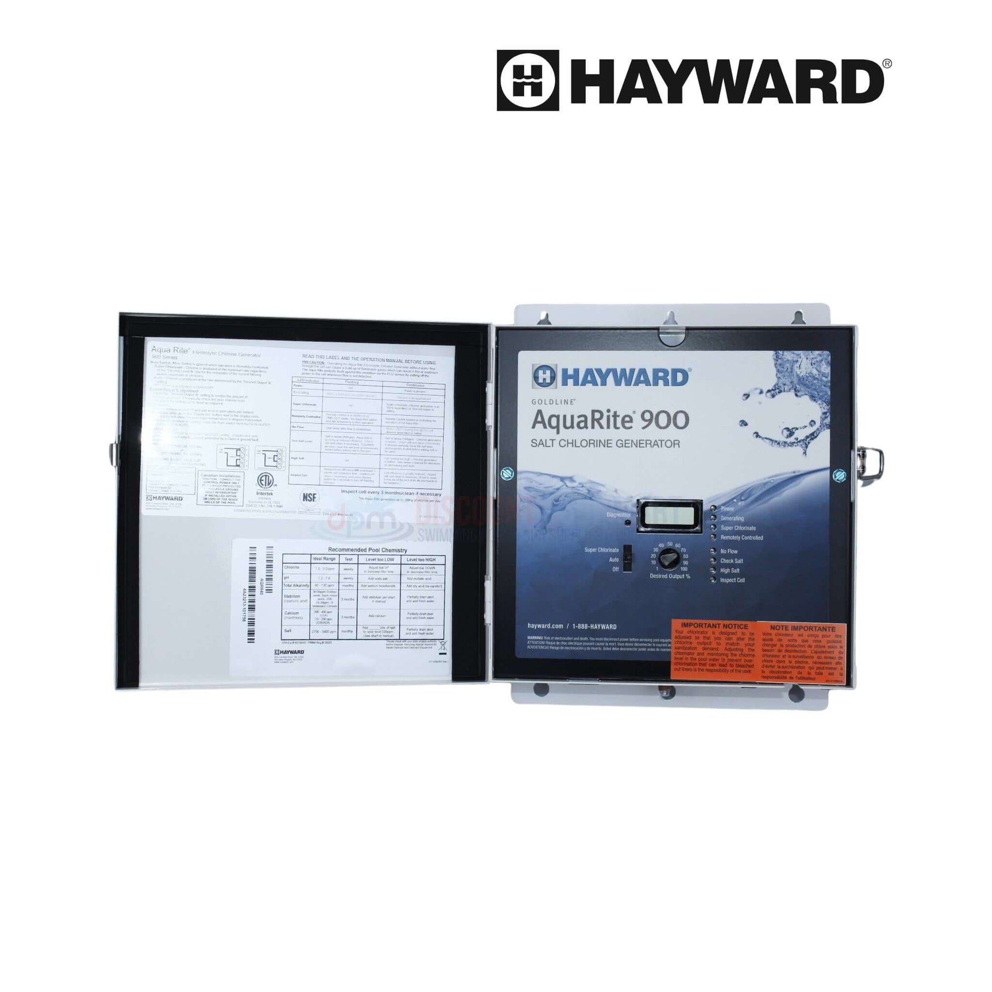 Hayward AquaRite 900 Chlorinator Salt System panel open, ideal for pools up to 40,000 gallons. SKU AQR940, Discount Pool Mart DPM.