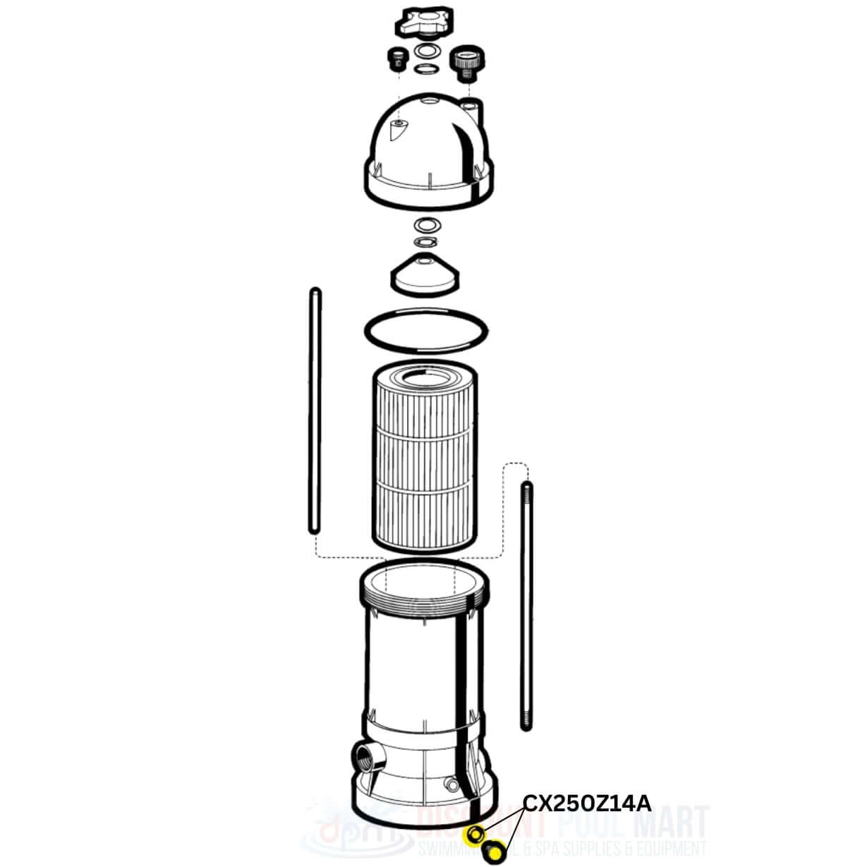 Hayward CX250Z14A drain plug kit diagram for Star-Clear filters by Discount Pool Mart DPM, showing components and assembly.