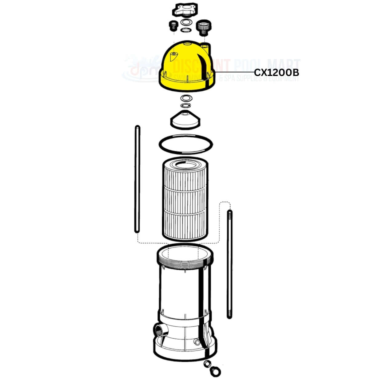 Exploded view of Hayward CX1200B Filter Head, compatible with Star-Clear Plus C1200 Filters. Available at Discount Pool Mart DPM.