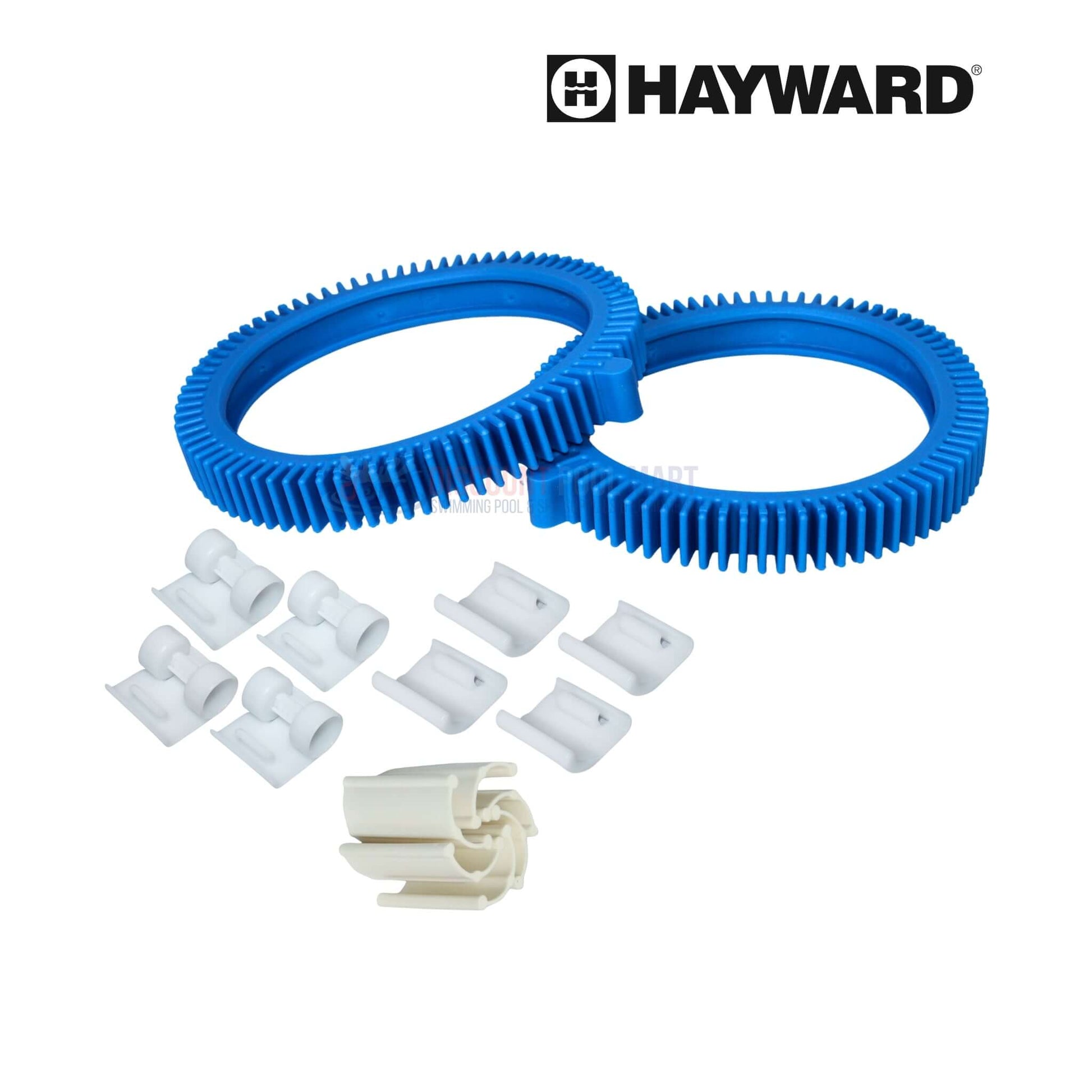 Hayward 2-Wheel Cleaner Tune Up Kit components with replacement parts and blue tires, SKU 896584000-426 from Discount Pool Mart (DPM)