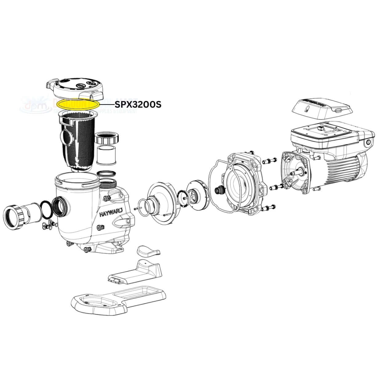 Exploded view of Hayward TriStar EcoStar pump with SPX3200S strainer cover O-ring highlighted, by Discount Pool Mart DPM.