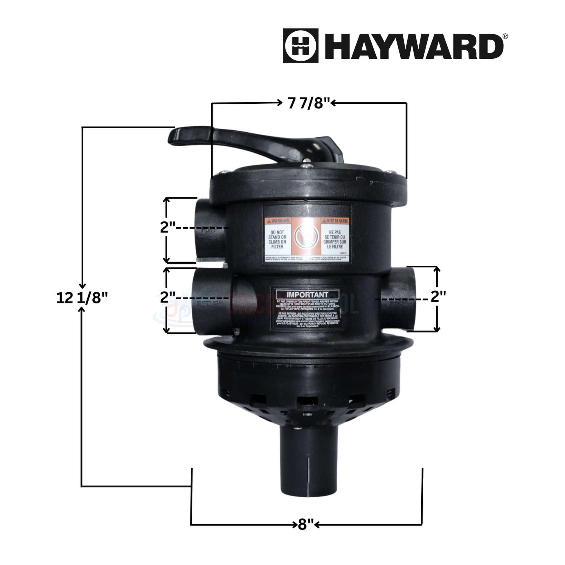 Hayward Top Mount Vari-Flo Multiport Valve SP0714T with clamp, 1.5 inch, dimensions for easy installation from Discount Pool Mart DPM.