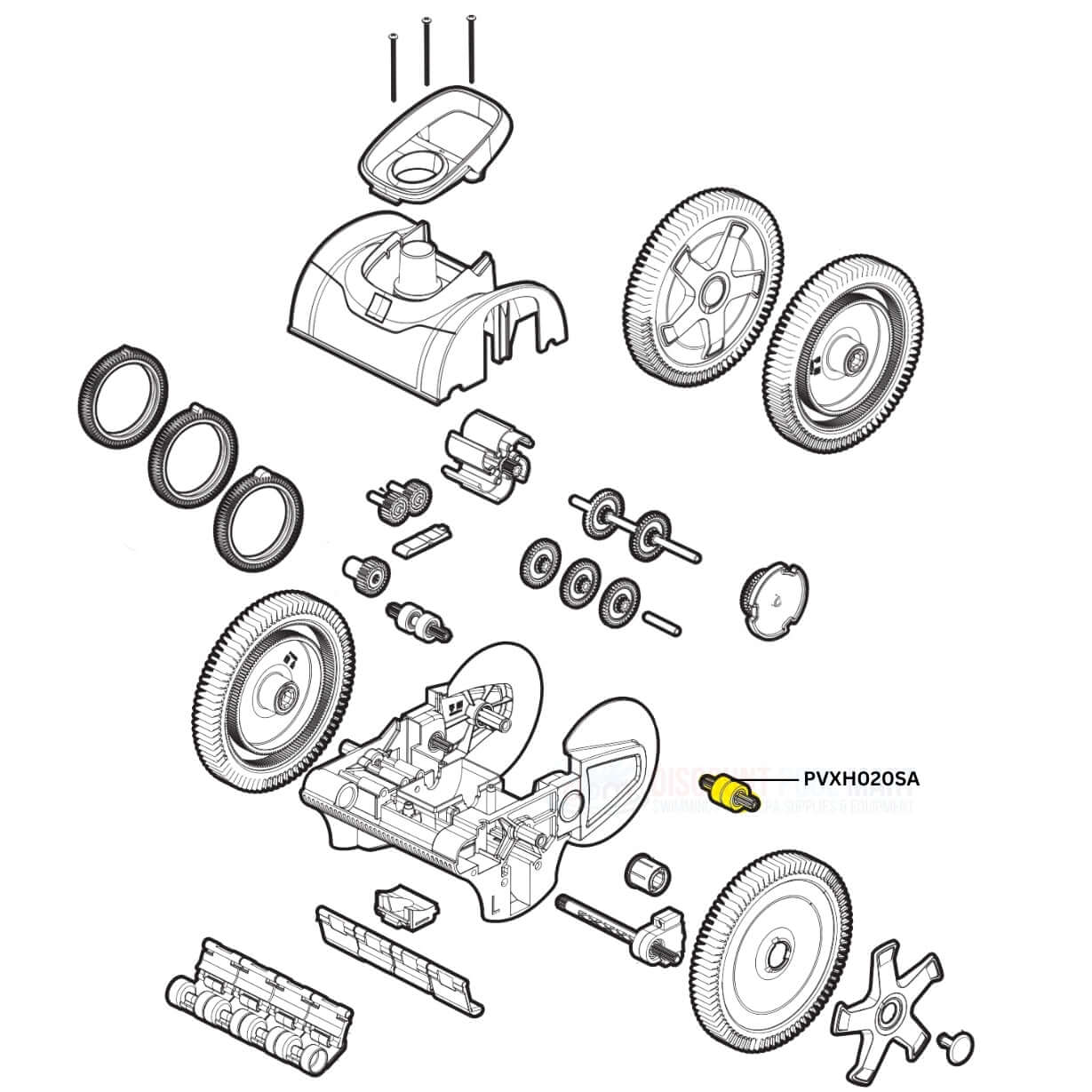 Diagram of Hayward AquaNaut Rear Gear Shaft Assembly PVXH020SA | Includes parts for Discount Pool Mart DPM cleaners.