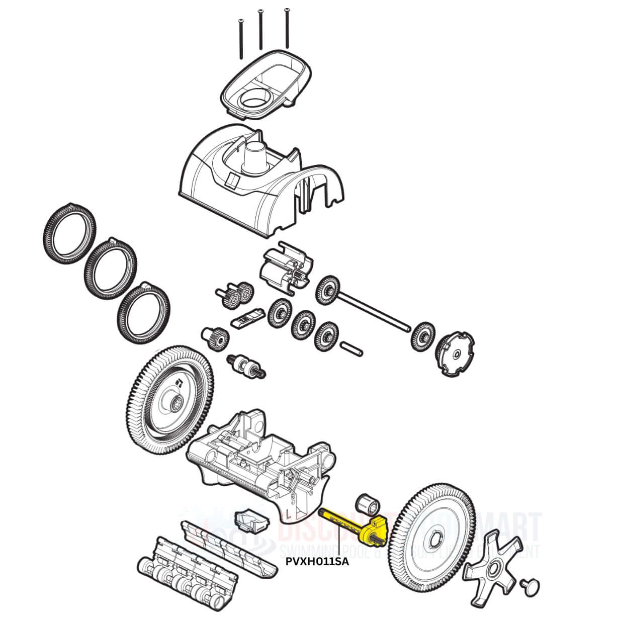 Exploded view of Hayward AquaNaut PVXH011SA steering bracket roller assembly from Discount Pool Mart DPM.