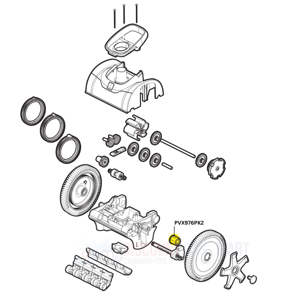 Exploded view of Hayward AquaNaut PVX976PK2 parts, including wheel bearings, from Discount Pool Mart DPM.