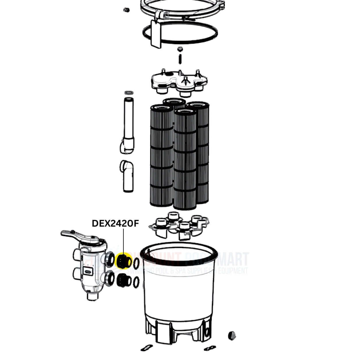 Exploded view of Hayward DEX2420F filter components, featured at Discount Pool Mart DPM for easy identification.
