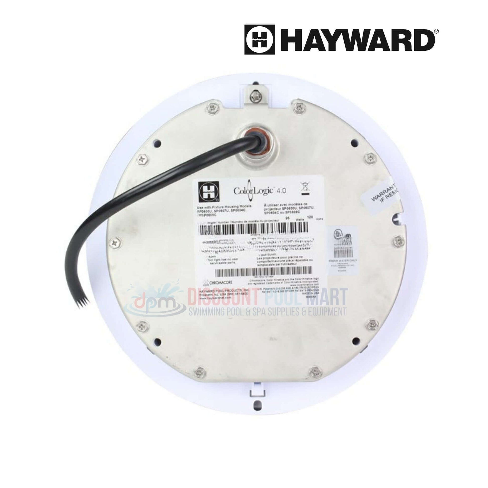 Hayward ColorLogic 4.0 LED Pool Light back view showing 120V/95W specs, available at Discount Pool Mart DPM.