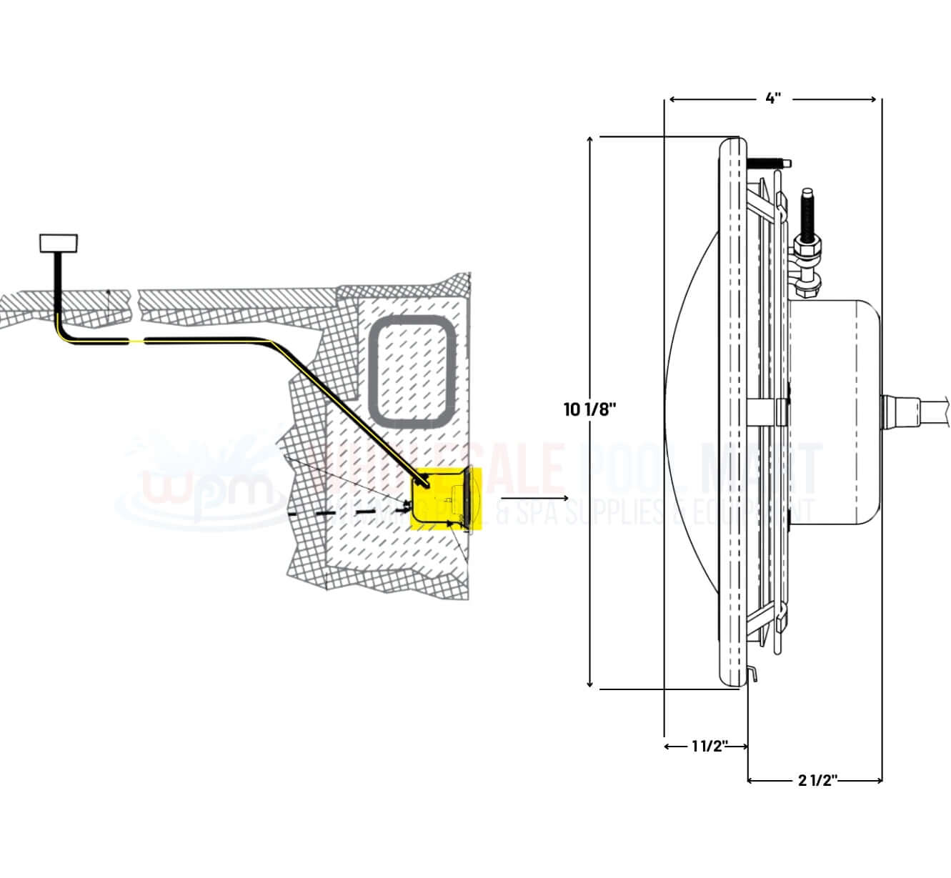 Hayward ColorLogic 4.0 LED Spa Light installation diagram showing dimensions and connection details from Discount Pool Mart DPM.