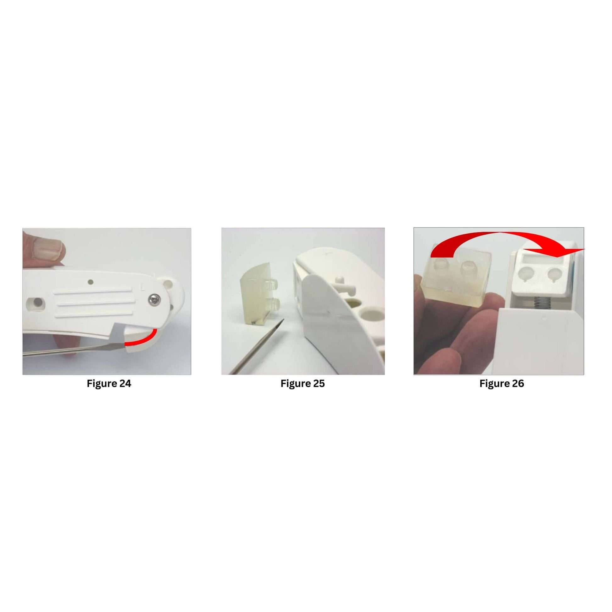 Images showing installation steps of Hayward Concrete Pod Shoes for Pool Vac and Navigator; figures 24, 25, and 26.