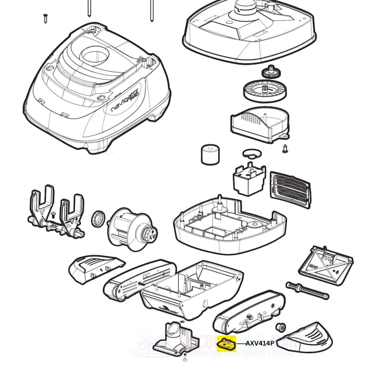 Diagram of Hayward Navigator Pool Cleaners parts, AXV414P, from Discount Pool Mart DPM, highlighting OEM components.