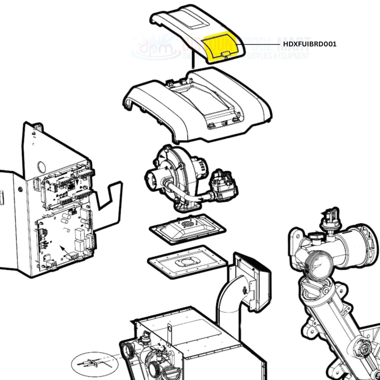 Hayward Display Board and Ribbon Cable HDXFUIBRD001 components diagram for HDF heaters at Discount Pool Mart DPM.