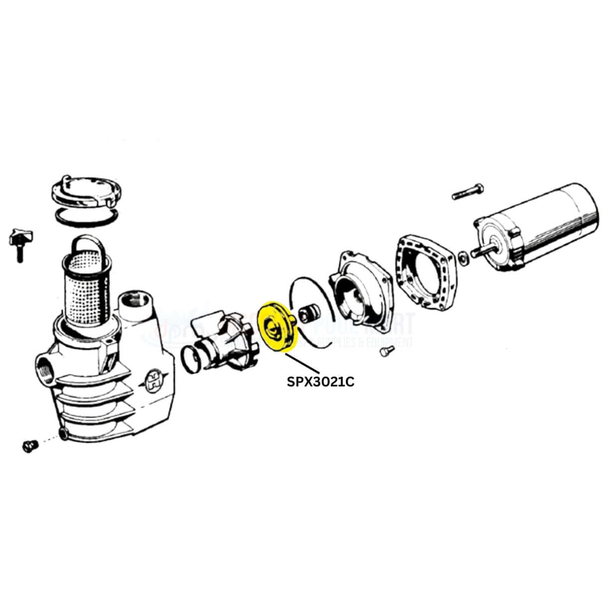 Hayward SPX3021C impeller assembly diagram for 2HP-2.5HP Super II pumps from Discount Pool Mart DPM.
