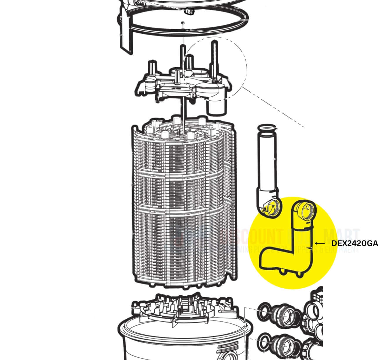 Hayward Inlet Elbow DEX2420GA diagram for Pro Grid DE Filter at Discount Pool Mart DPM, detailing installation and parts.