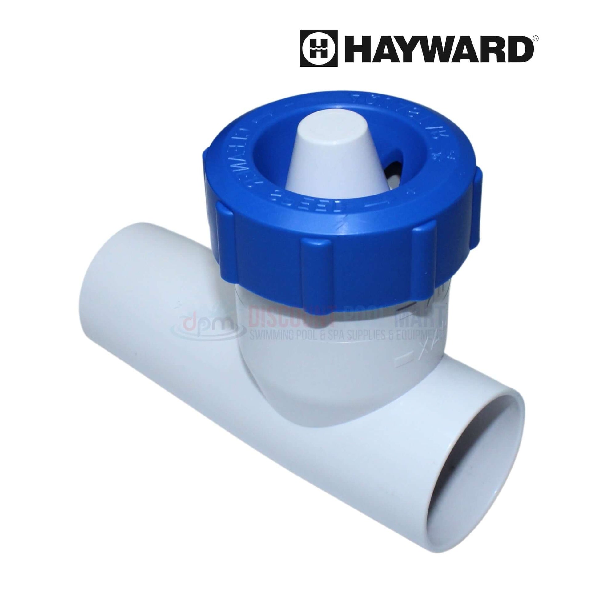 Hayward valve with blue top and white PVC pipe for pool systems at Discount Pool Mart DPM.