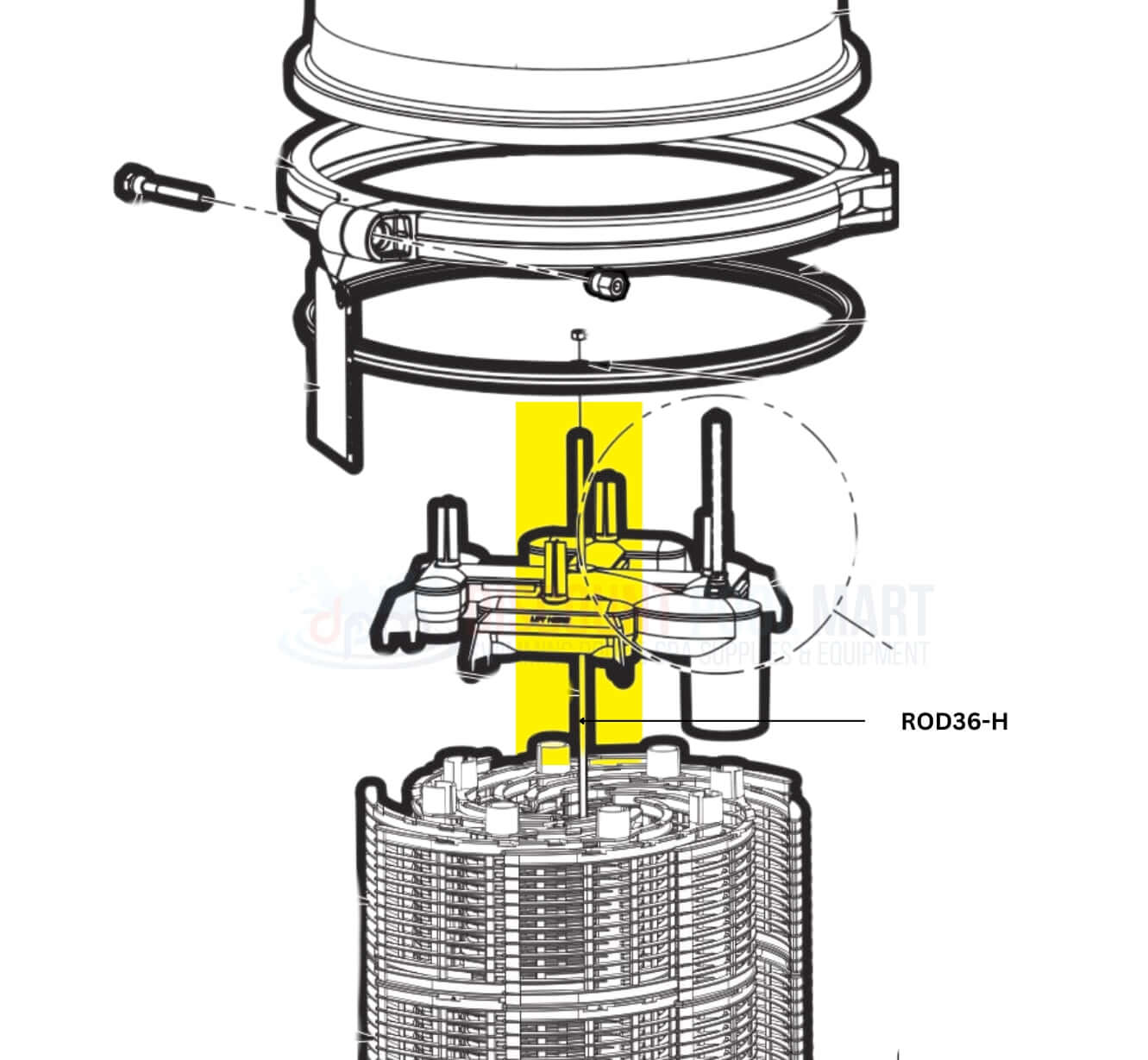 Diagram of Hayward ProGrid Filter Rod Assembly ROD36-H, essential for pool filtration efficiency at Discount Pool Mart DPM.