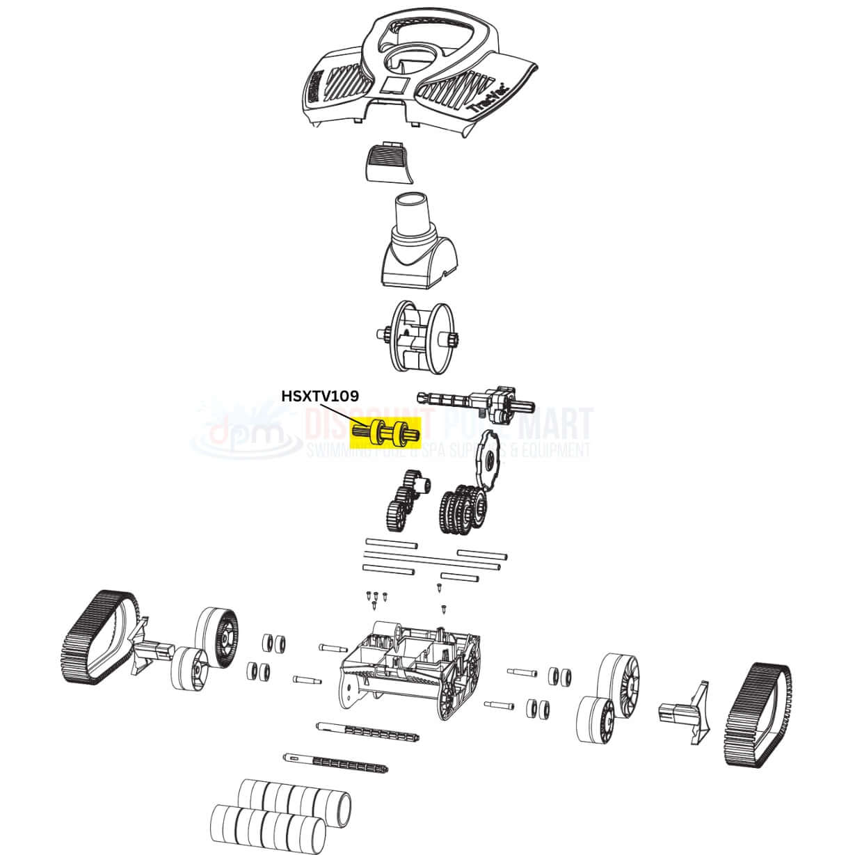Exploded view diagram of Hayward Right Drive Kit for TracVac Cleaners HSXTV109 at Discount Pool Mart DPM.