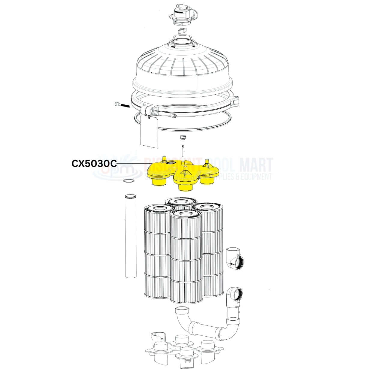 Hayward CX5030C top manifold assembly for SwimClear filters with parts layout at Discount Pool Mart DPM.