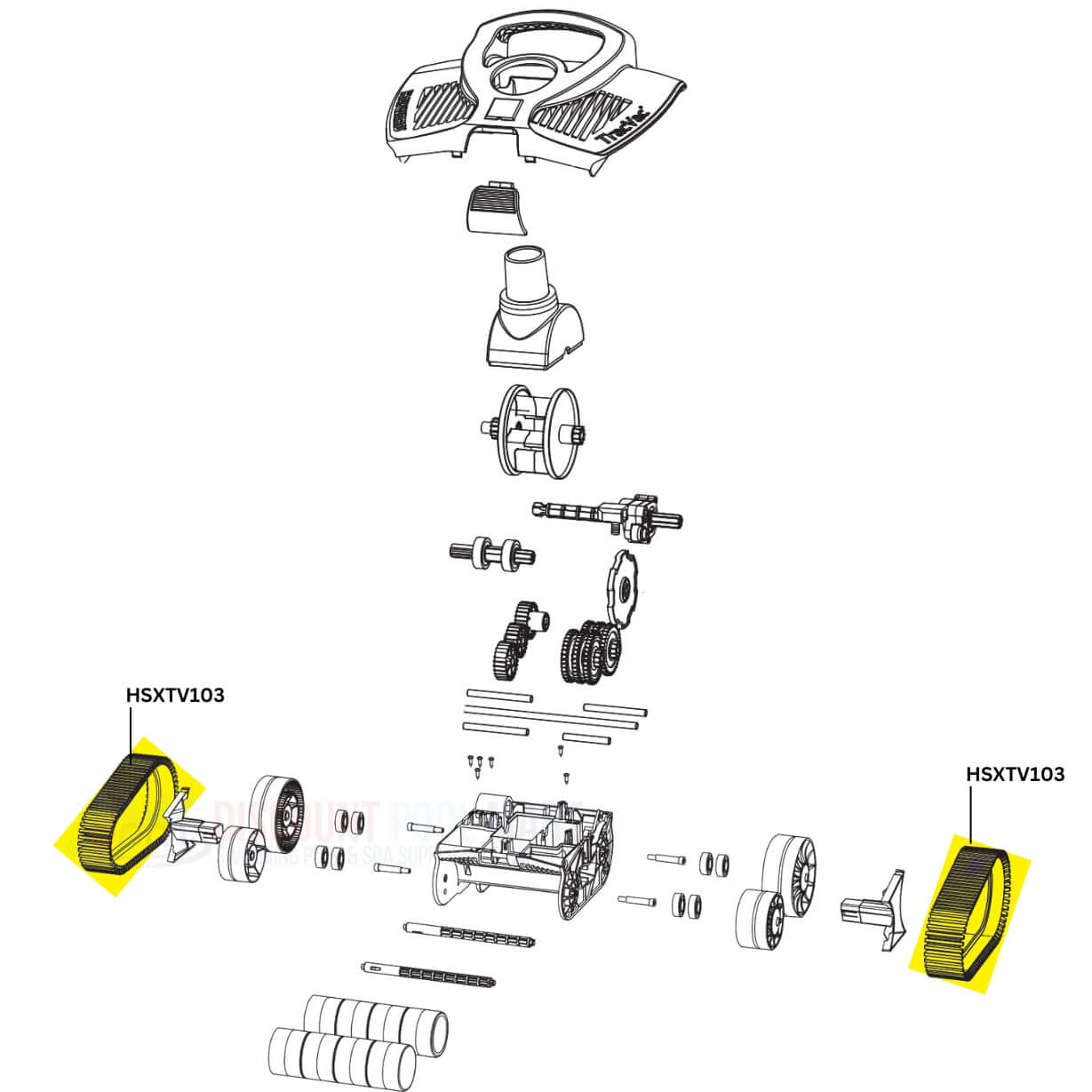 Exploded view of Hayward Track Kit HSXTV103 for TracVac showing parts and rugged tracks. Available at Discount Pool Mart DPM.