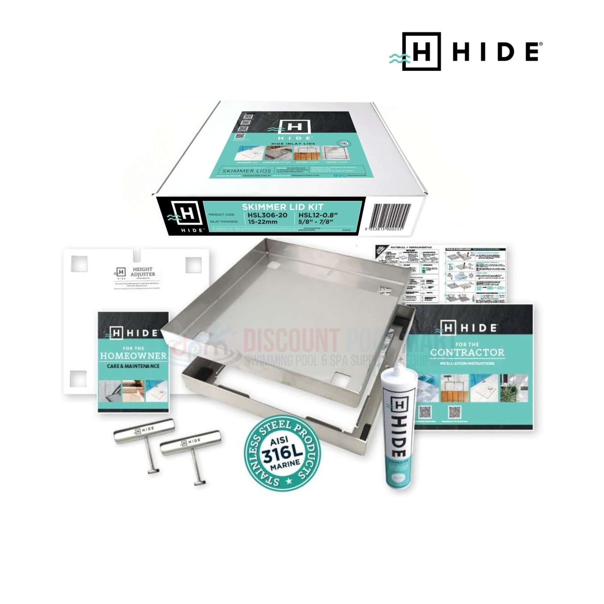 Hide Skimmer Cover Lid Replacement kit by DPM, featuring 316L Marine-Grade Stainless Steel for stylish pool integration.
