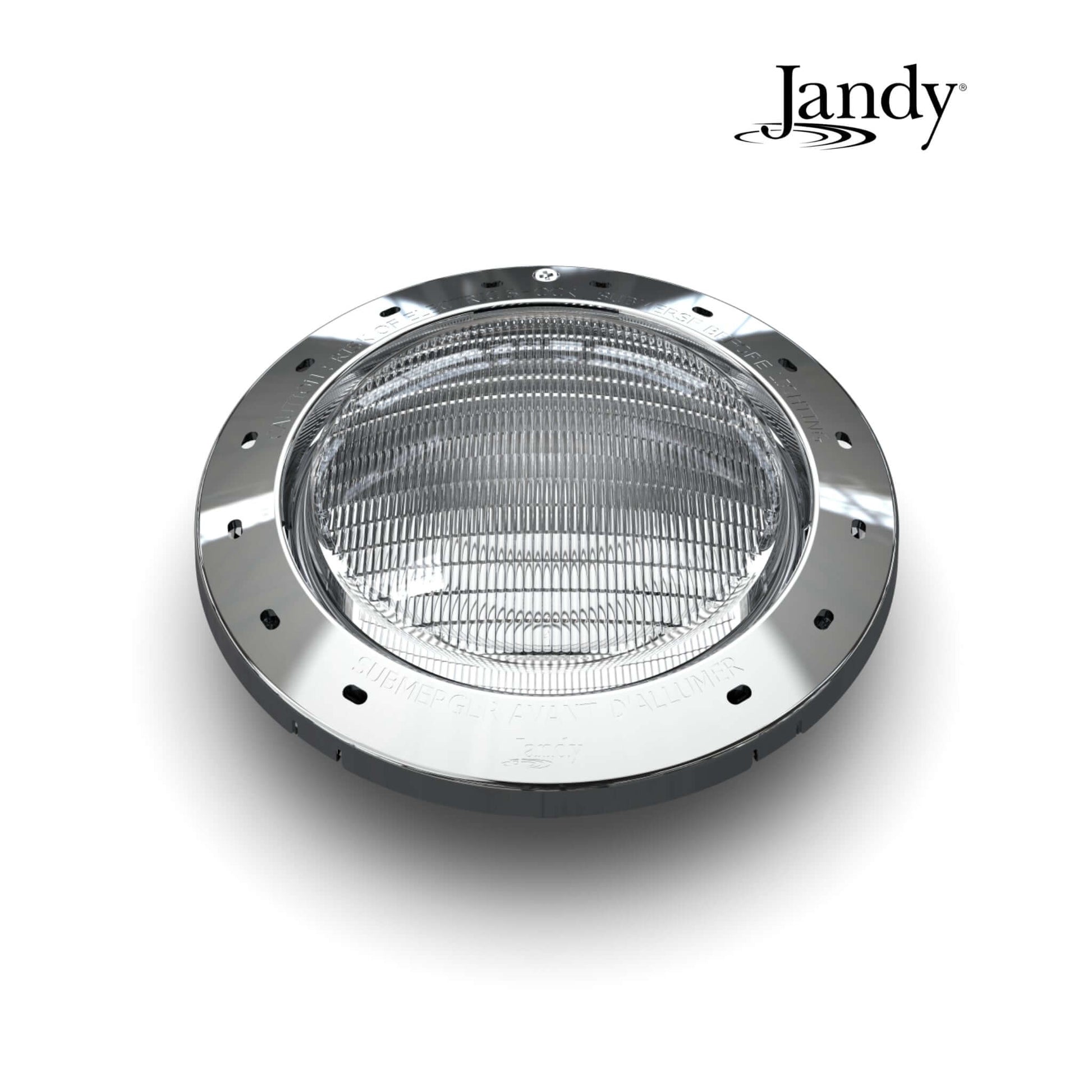 Jandy Infinite WaterColors LED Pool Light IWCP50W100, chrome finish, front view, ideal for swimming pools, from Discount Pool Mart.