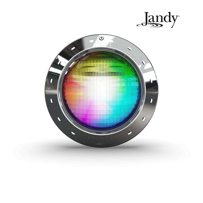 Jandy IWCP50W100 Infinite WaterColors LED Pool Light showing vibrant color spectrum, ideal for DPM pool supplies.
