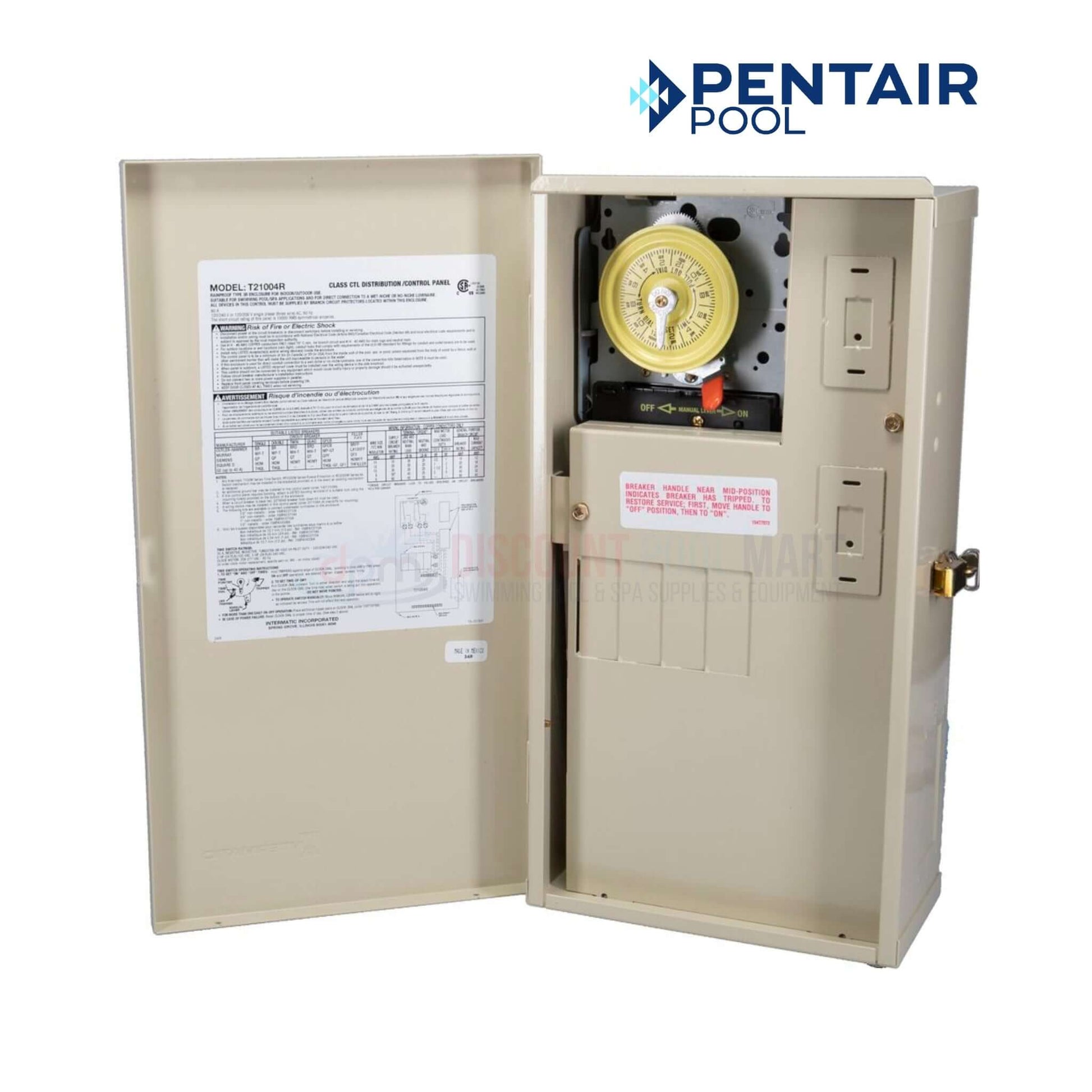 Intermatic T21004R 60 AMP Load Center with T104M timer, beige color, shown open, ideal for pool supplies, from Discount Pool Mart.
