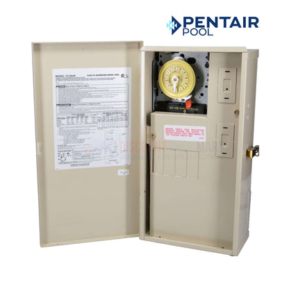 Intermatic T21004R 60 AMP Load Center with T104M timer, beige color, shown open, ideal for pool supplies, from Discount Pool Mart.