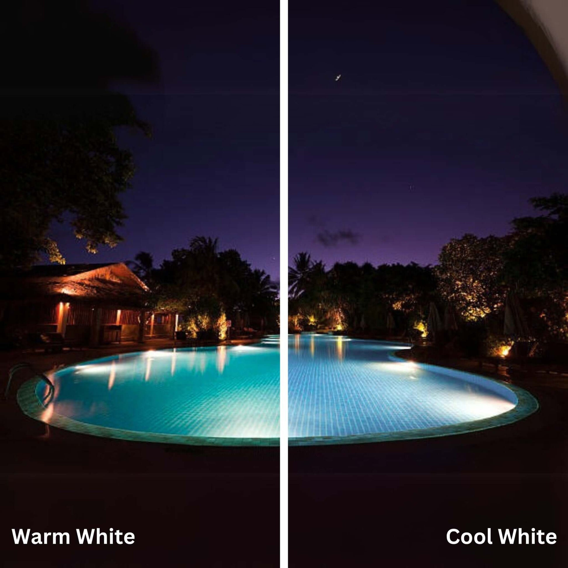 Comparison of pool lighting: warm white on left, cool white on right showcasing illumination effects for outdoor spaces.