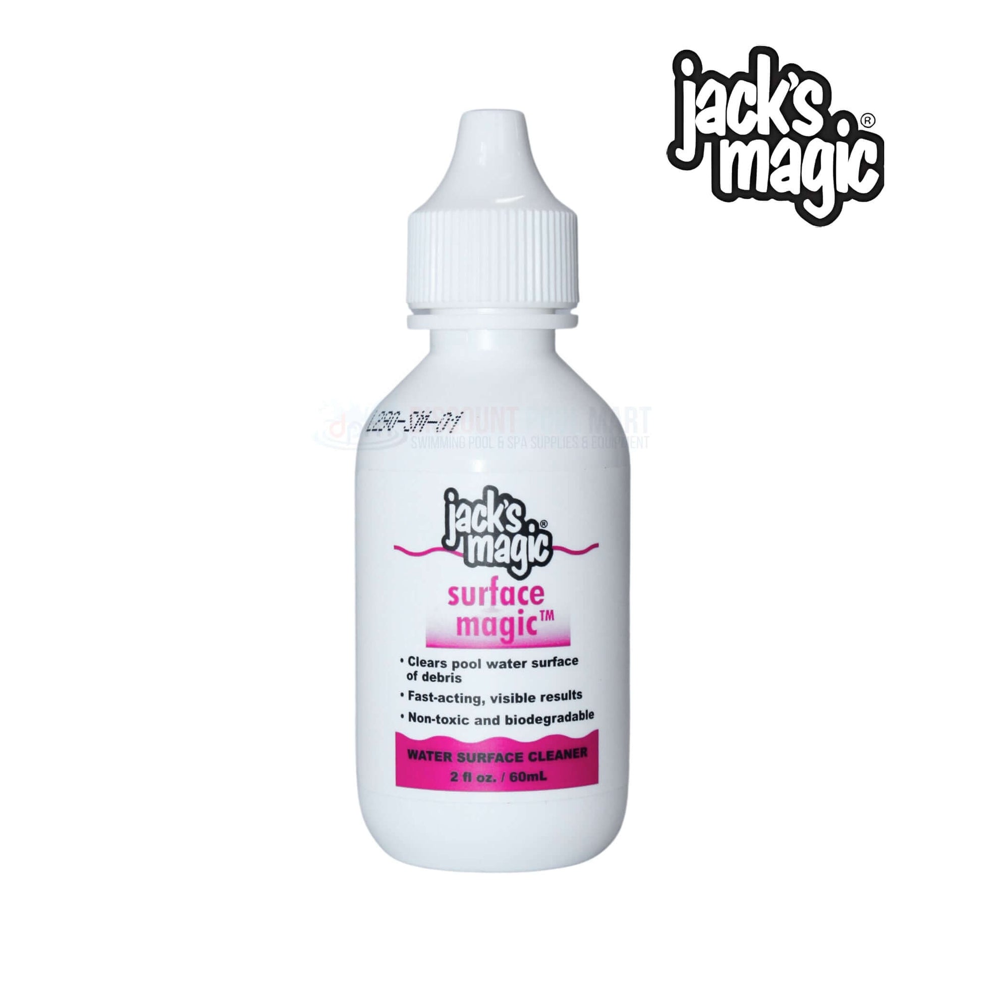 Jack's Magic Pool Surface Water Cleanser 2oz JMSURFACE02 from Discount Pool Mart, shown in white bottle for easy pool maintenance.