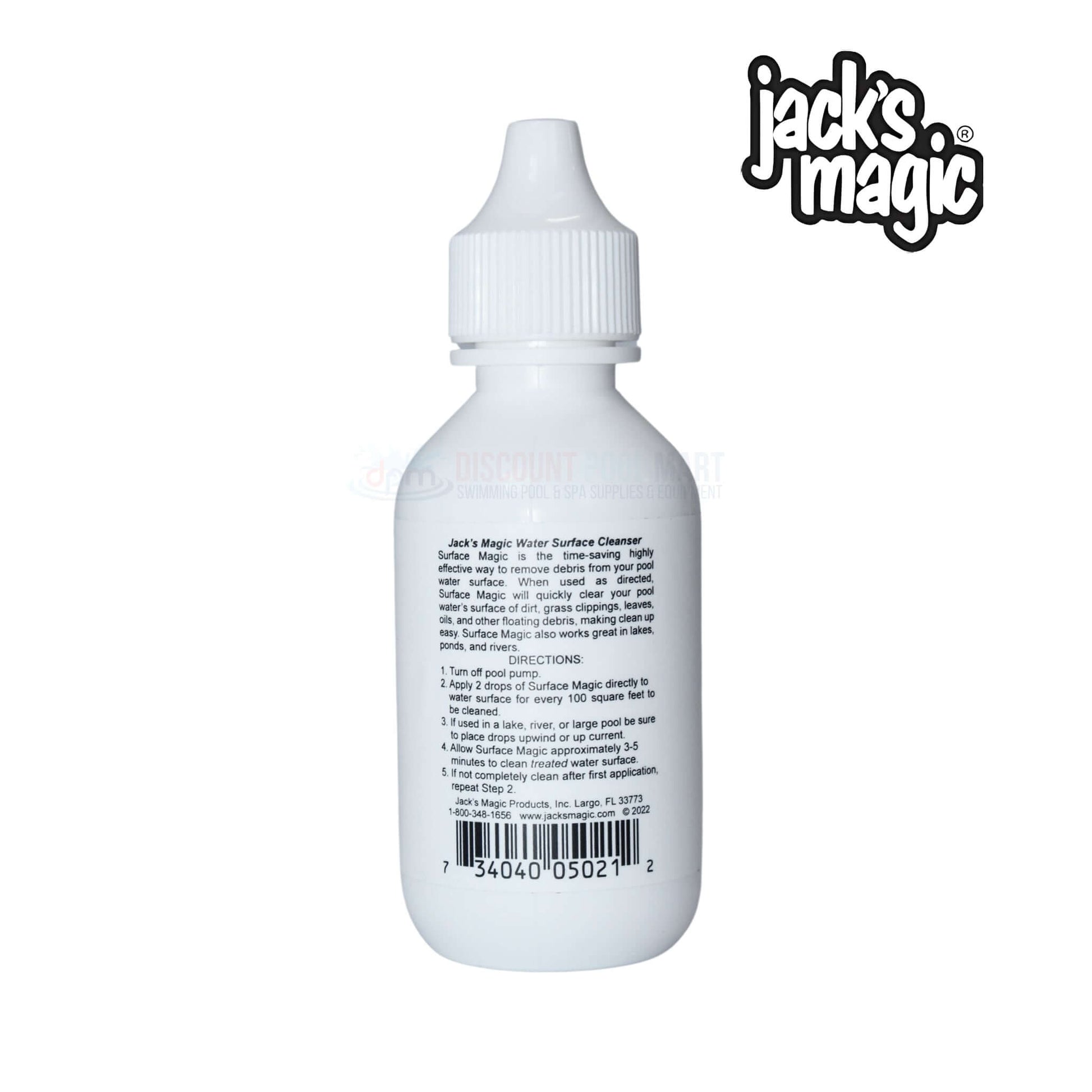 Jack's Magic Pool Surface Water Cleanser 2oz (JMSURFACE02) bottle, white with directions, from Discount Pool Mart.