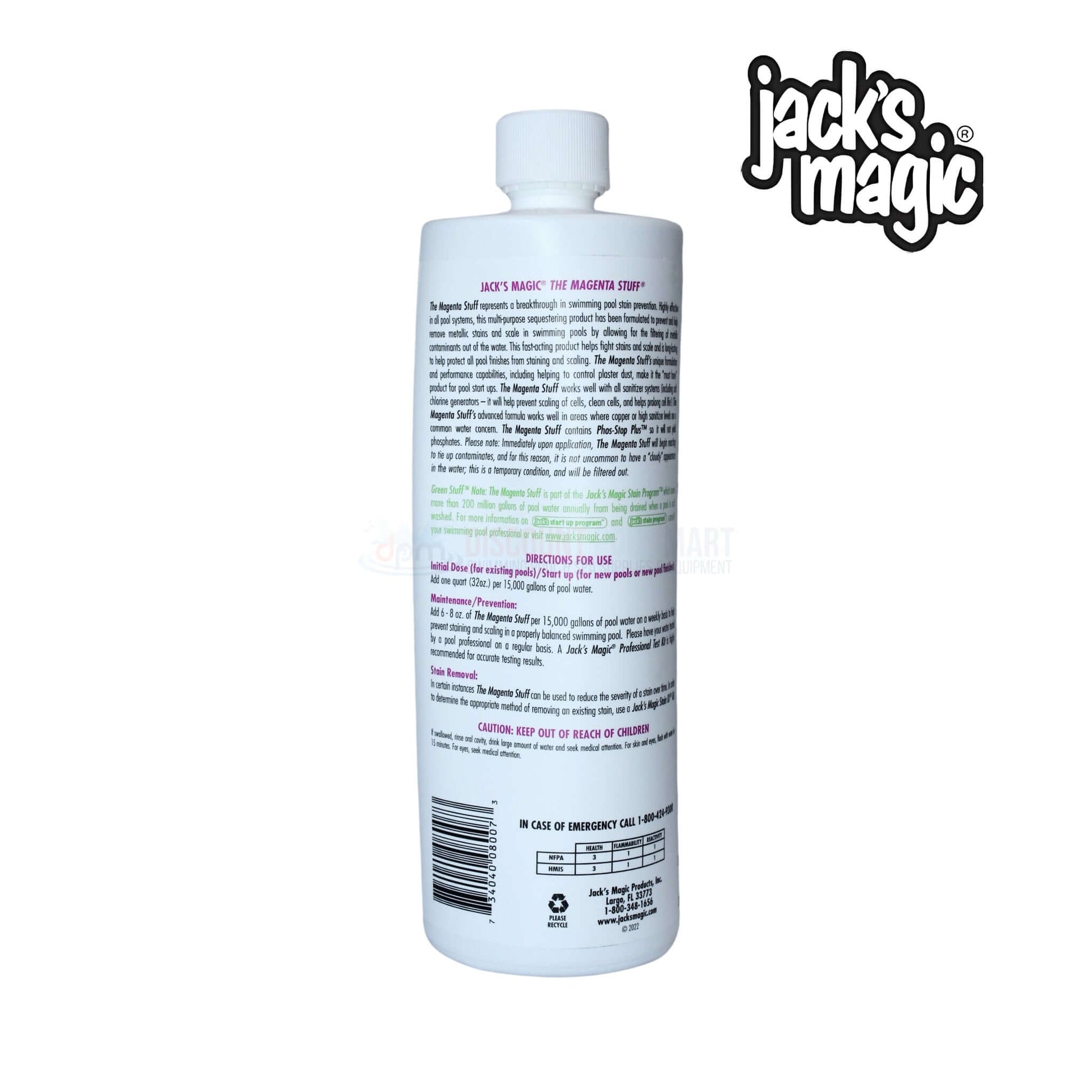 Jack's Magic The Magenta Stuff 32oz bottle for pool maintenance at Discount Pool Mart DPM, effectively prevents metal stains.