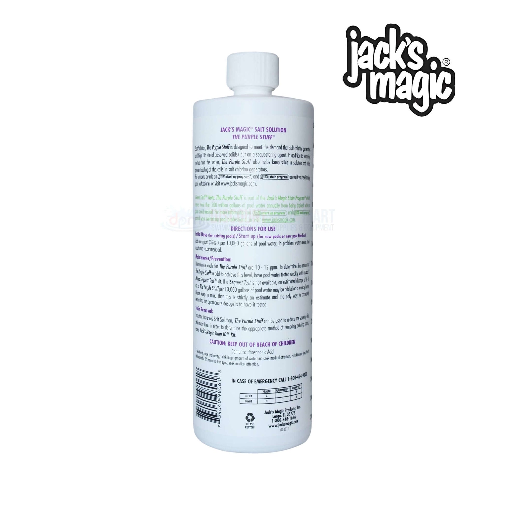 Jack's Magic The Purple Stuff Salt Solution 32 oz bottle from Discount Pool Mart (DPM) for optimal saltwater pool maintenance.