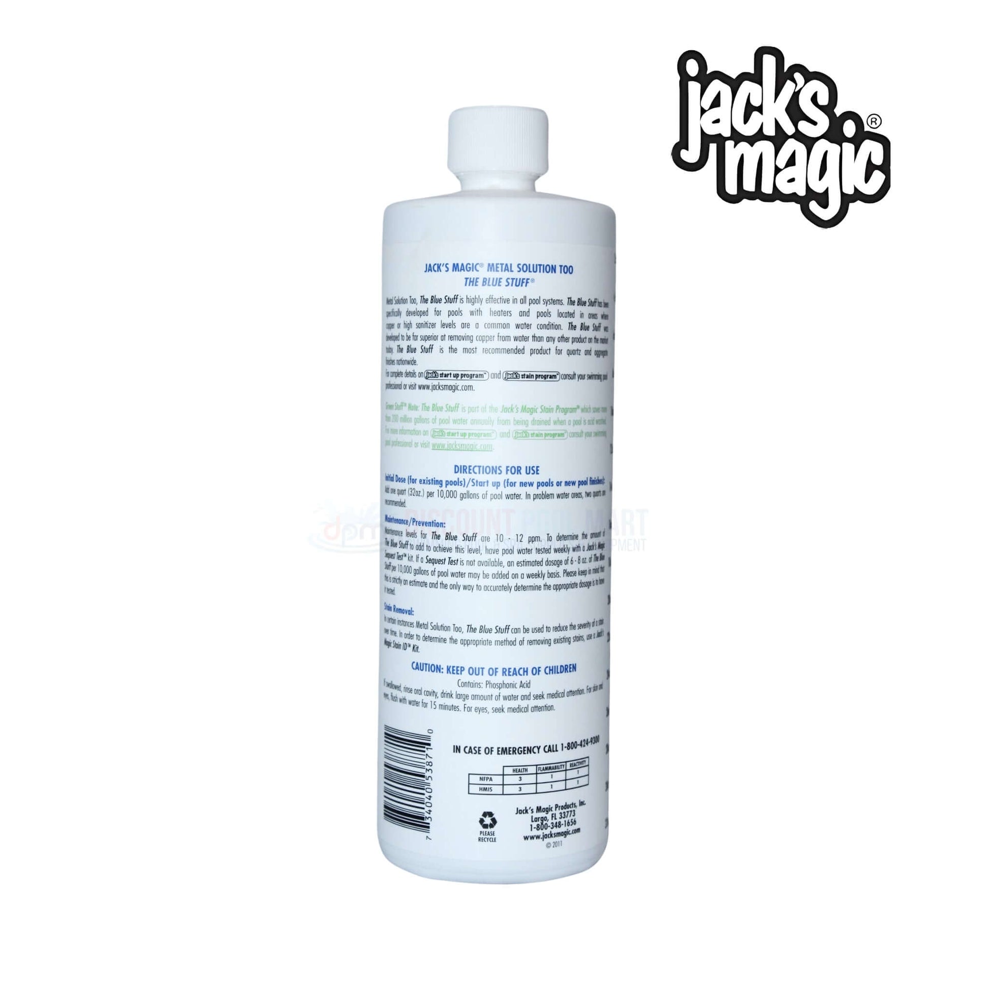 Jack's Magic The Blue Stuff metal stain remover 32oz bottle, available at Discount Pool Mart DPM for effective pool maintenance.